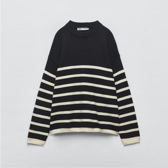 Zara Navy Blue Nautical Striped Crewneck Sweater Loose Fit Size Large New - Picture 1 of 5